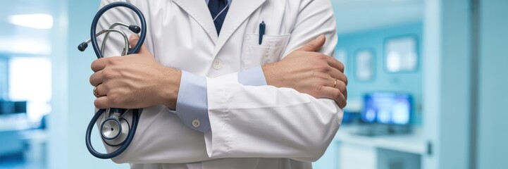 Professional Doctor - A doctor with arms crossed, holding a stethoscope in a hospital setting, symbolizing professional medical care and health services