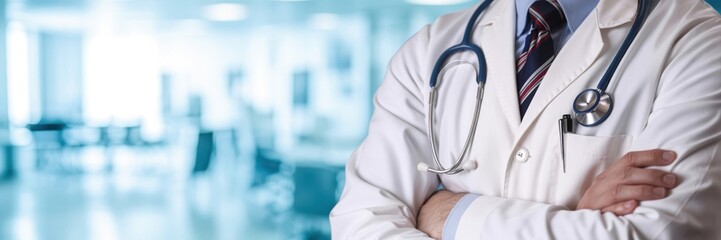 Professional Doctor - A doctor with arms crossed, holding a stethoscope in a hospital hallway, symbolizing professional medical care and health services
