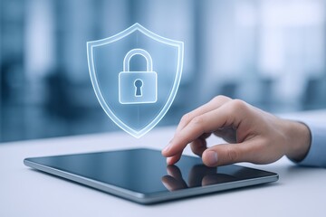 Data Protection Concept: Man Using Tablet with Shield and Padlock Overlay for Security