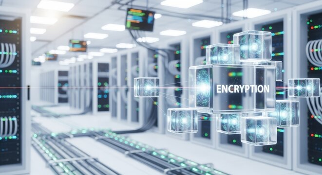 Data Center with Encryption Technology Showing Cybersecurity Infrastructure for Data Protection and Global Network Connection - Powered by Adobe