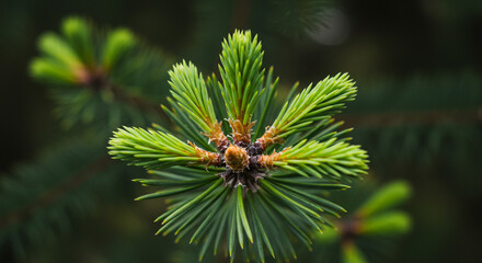 Close up of a spruce tree branch with new growth showing light green needles and brown buds