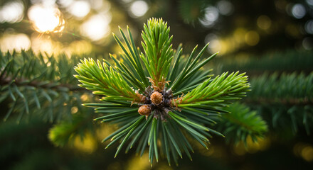 Close up of a spruce branch with new growth against a blurred background with sunlight