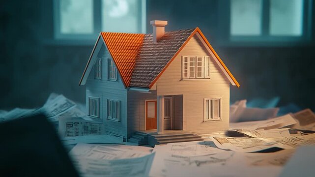 Miniature house standing on scattered financial documents representing real estate market