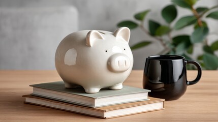 A white piggy bank on books, a calm and organized desk scene. A calm and serene workspace concept promoting mindful financial planning.