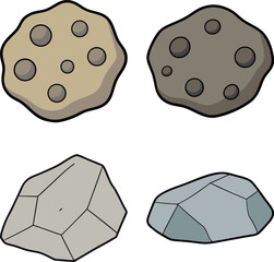 Four cartoonish rocks and asteroids with different textures
