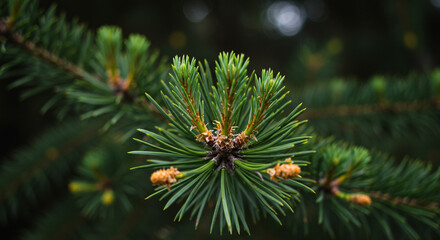 A close up shot of a green pine tree branch with needles and small buds in soft focus view