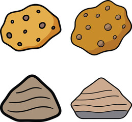Four cartoon illustrations of cookies and sand piles
