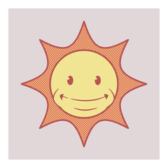 Pop Art Smiling Sun Cartoon Vector Illustration with Halftone Style vintage