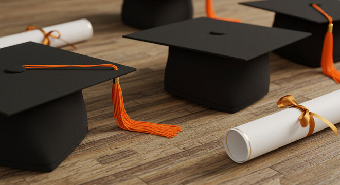 A close up of graduation caps and diplomas on a wooden floor with orange tassels - Powered by Adobe