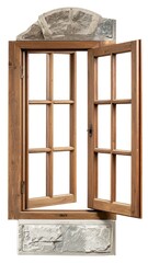 Obraz premium A rustic wooden window, partially open, set within a stone frame