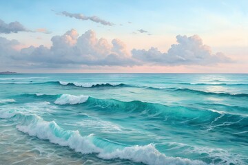 Fototapeta premium Turquoise ocean waves at golden hour, serene pastel seascape
