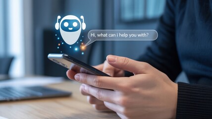 Chatbot Assistance - A person holding a smartphone, with a smiling chatbot icon and a chat bubble, for online support