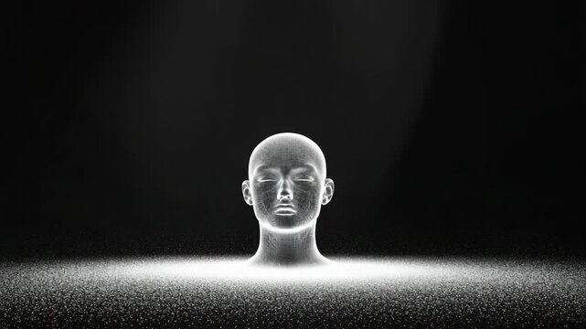 Human head generating particles exploding from mind in a dark digital environment