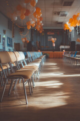 Evening in a community hall with chairs and decorations Young volunteers are setting up for a local fundraiser event