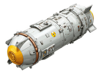 Cylindrical nuclear warhead,  grey/white,  yellow accents