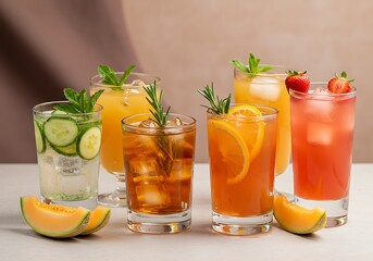 An assortment of colorful summer beverages, including iced tea and fruity concoctions, garnished with fresh mint and citrus.

