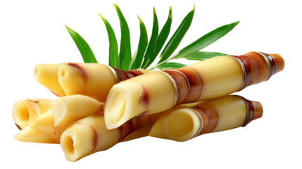 Exotic Edible Bamboo Shoots: Freshly harvested bamboo shoots with vibrant green leaves, offering a peek into culinary possibilities, ready to be savored or incorporated into a delicious dish.