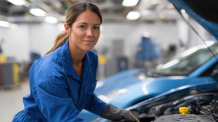 Female caucasian adult mechanic working on car engine in garage.