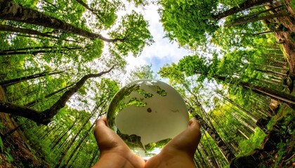 Two hands hold a transparent globe beneath a canopy of green trees in a forest.