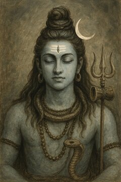 Lord Shiva in Meditation &ndash; Peaceful Divine Portrait with Trishul and Crescent Moon