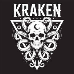 Kraken skull with tentacles occult pirate sea monster gothic tattoo style art vector illustration design,