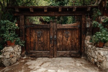 Fototapeta premium Rustic wooden garden gate with overhead trellis, weathered brown timber entrance, stone wall courtyard backdrop
