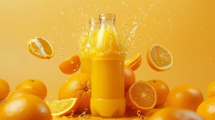Refreshing orange juice splashes in a glass, surrounded by fresh oranges and mint leaves.