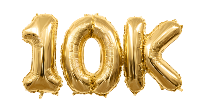 A celebratory golden balloon arrangement displaying the number "10k" signifying a milestone achievement or significant quantity.