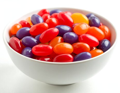 A white bowl overflows with colorful oval-shaped jellybeans - Powered by Adobe