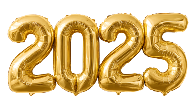 Shiny gold foil balloons forming the numbers "2025" represent the upcoming year and New Year's celebration.