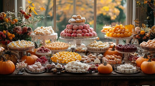Festive Thanksgiving table adorned with Turkish delights surrounded by pumpkins candles and autumn leaves symbolizing gratitude and warmth