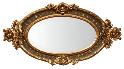 An ornate, antique oval mirror with a decorative golden frame reflecting light and offering an elegant vintage aesthetic.