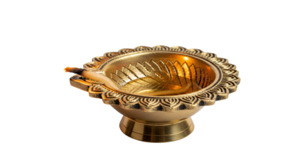 Golden Metal Oil Lamp Lit on Transparent Background for Diwali Festival