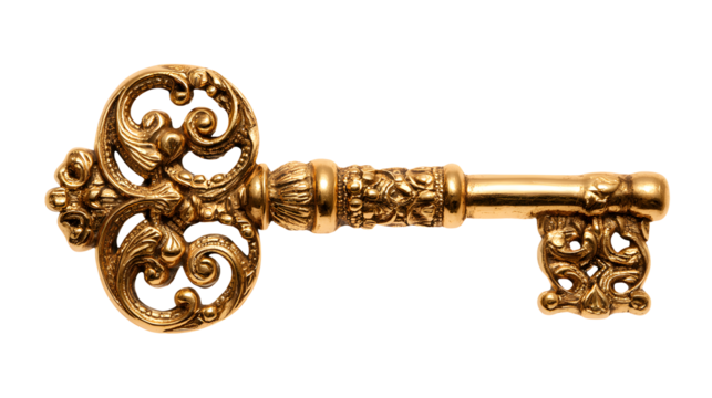 A detailed antique golden key with ornate carvings and intricate details, representing access and unlocking secrets effectively
