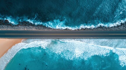 Coastal Highway Aerial View: Ocean Waves Crashing on Sandy Beach Road Trip Adventure