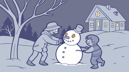 Father and son happily build a snowman together on a snowy winter evening in front of their cozy illuminated house