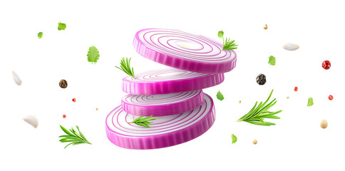 Flying purple onion slices with rosemary and pepper isolated on a transparent background