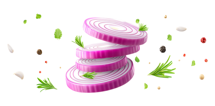 Flying purple onion slices with rosemary and pepper isolated on a transparent background