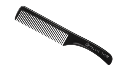 A black salon noir comb with fine teeth isolated on a black background in a studio setting for hair care on transparent background