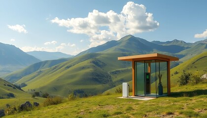 Sustainable mountain getaway eco friendly travel hub in a scenic landscape