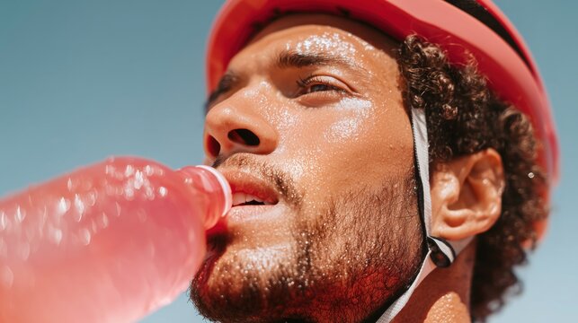 Close-up of male cyclist in helmet and sunglasses drinking water during a ride under bright sunlight. Refreshing hydration moment during a summer outdoor cycling session in the mountains.