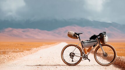 Fototapeta premium Gravel bike with bags and bottles stands on a dusty trail through a remote, sunlit valley. Adventure, freedom, and endurance captured in a scenic outdoor landscape with warm evening light.