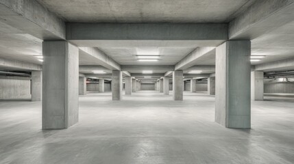 Modern Empty Concrete Parking Garage Interior with Rows of Columns and Overhead Lighting System