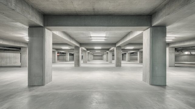 Modern Empty Concrete Parking Garage Interior with Rows of Columns and Overhead Lighting System