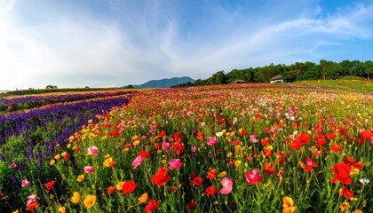A vibrant field of multicolored flowers stretches towards a treeline under a partly cloudy sky.