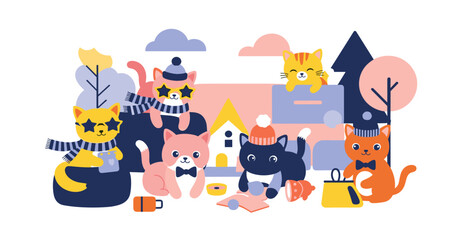 Obraz premium A whimsical illustration of cute cats enjoying a cozy winter party outdoors. Feline friends in hats and scarves gathering for a fun seasonal celebration.
