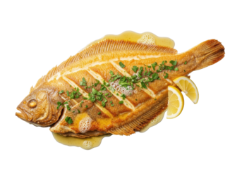 Perfectly pan-fried whole Dover sole meunière, golden-brown crispy, with rich brown butter, fresh parsley, and lemon on a transparent background, concept of gourmet culinary artistry