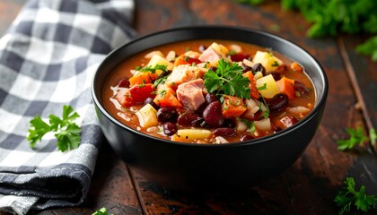Hearty vegetable and ham soup in a dark bowl, garnished with fresh parsley