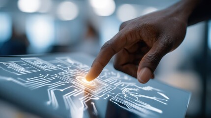 African American Man Interacting with Advanced Touch Screen Technology Displaying Complex Data Charts and Information
