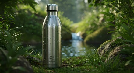 Steel Water Bottle in Outdoor Natural Landscape for Product Mockup
